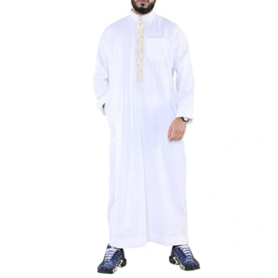 Image of Mens Thobe Jubba Nehru Stand Collar Islamic Clothing Muslim Cotton Kaftan Embroidery Eid Robe Saudi White M 54