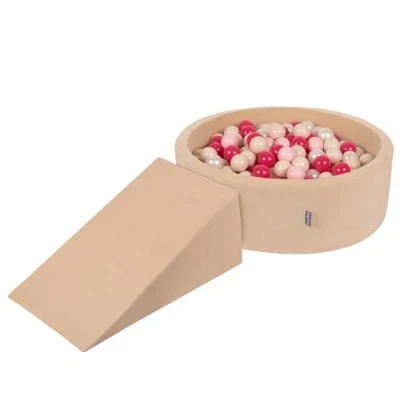 Image of KiddyMoon Foam Playground Velvet For Kids With Round Ballpit (100 Balls ∅ 7Cm/2.75In) Soft Obstacles Course And Ball Pool, Sand Beige: Pastel Beige/Powder Pink/Pearl/Dark Pink