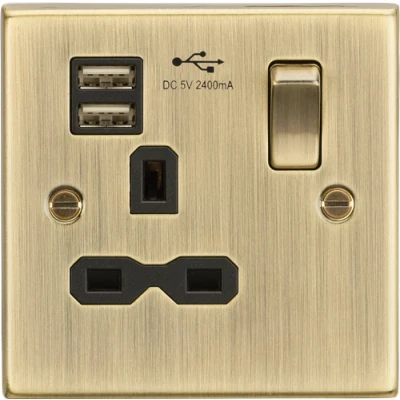 Image of KnightsBridge 13A 1G Switched Socket Dual USB Charger Slots with Black Insert Square Edge Antique Brass