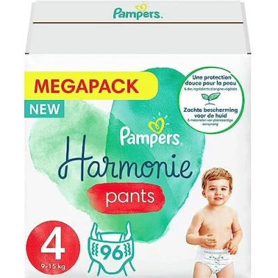Image of Pampers Harmonie Pants Diapers Size 4 (9 15kg) 0% Compromise, 100% Absorbency, Plant Based Ingredients, Easy to Change, 96 (Pack of 4x24)