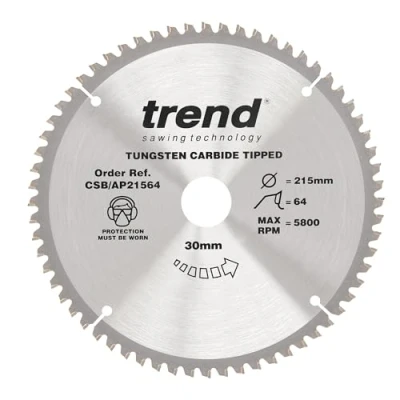 Image of Trend Aluminium &amp; Plastic Circular Saw Blade, 215mm Diameter, 30mm Bore, 64 Teeth, TCT, 2.8mm Kerf, 6 Hook, CSB/AP21564