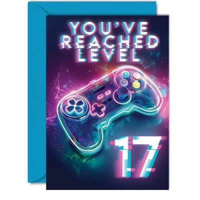 Image of 17th Gamer Birthday Cards for Boys Girls You&#039;ve Reached Level 17 Happy Card Son Daughter Nephew Niece Grandson, 5x7 Inch Seventeen Seventeenth Bday Video Game Greeting