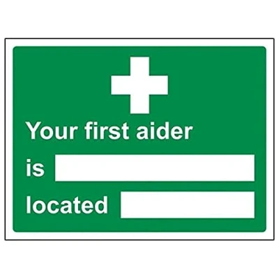 Image of VSafety First Aider/Located Sign Landscape 200mm x 150mm Self Adhesive Vinyl