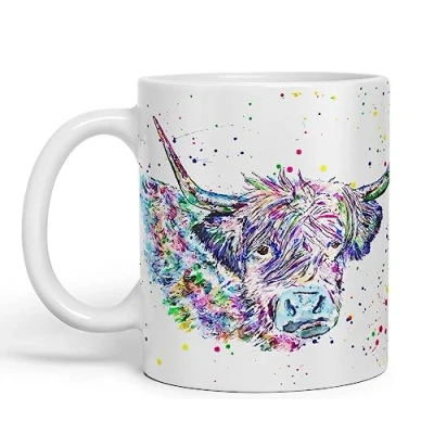 Image of Vixar Highland Cow Scottish Farm Animals Watercolour Art Coloured Mug Cup Gift Birthday Work Office Tea Coffee (White)
