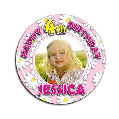 Image of Large 75mm Personalised Girls 1st 2nd 3rd 4th 5th 6th 7th Happy Birthday PHOTO Badge N57 *Select from 3 Backing choices Pin Back/Magnet Back/Mirror Back