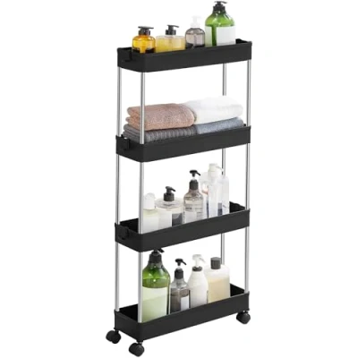 Image of SONGMICS 4 Tier Plastic Mobile Shelf, Slim Space Saving Organizer, Small Spaces, Kitchen, Bathroom, Office, 42 x 13.5 87 cm, Black KSC008B01