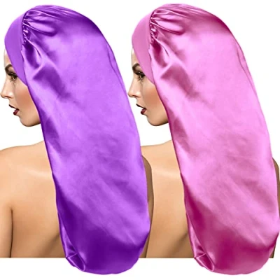 Image of 2 Pieces Long Satin Sleep Cap for Curly Hair, Braids Bonnet Extra Large Sleeping Hat Women