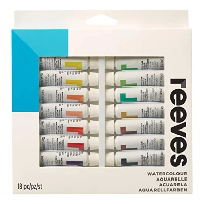 Image of Reeves Watercolour Paint Set Highly Pigmented Colour Paints for Artists Art Supplies Adults &amp; Kids Suitable Canvas Boards 18 x 12ml Pack, Assorted Colours