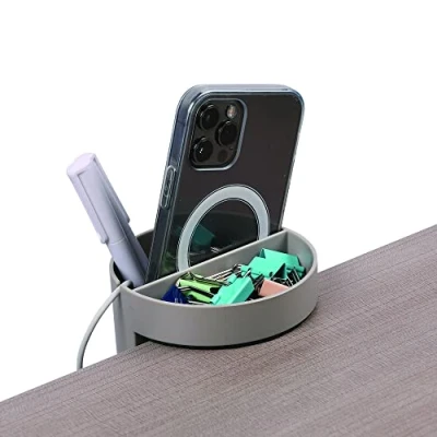 Image of Deflecto Space Saving Small Desktop Storage Organiser, Stationery Pen Holder with Standing Desk Attachment, Dual Compartment Tidy Grey