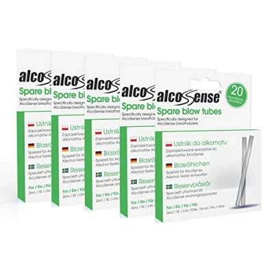 Image of AlcoSense 100 Breathalyser Blow Tubes (5 Packs of 20) Suitable for the Zero, Lite, Lite 2, Elite, Elite 3, Excel, Pro and Ultra Breathalyzer
