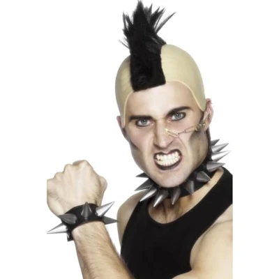 Image of Smiffys Punk Choker and Wristband, Silver Soft PVC Rubber, 1980&#039;s Fancy Dress, 1980s Dress Up Jewellery