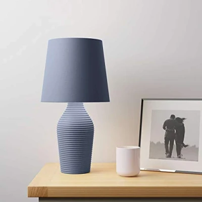 Image of EEMKAY® New Ceramic Luna Stoneware Folkstone Blue Table Lamp with Faux Linen Fabric Shade M 19