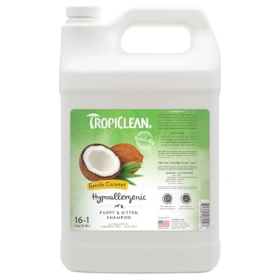 Image of TropiClean Dog Shampoo Grooming Supplies Hypoallergenic Puppy &amp; Kitten Gentle Cleansing for Sensitive Skin Derived from Natural Ingredients Used by Groomers Coconut, 3.8L