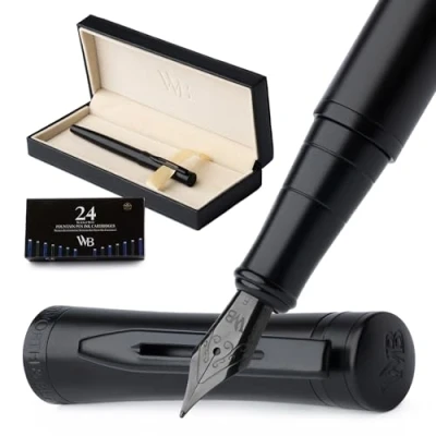 Image of Wordsworth &amp; Black Fountain Pen Set, Fine Nib, Includes 24 Pack Ink Cartridges, Refill Converter Gift Box, Calligraphy, [All Black], Perfect for Men Women