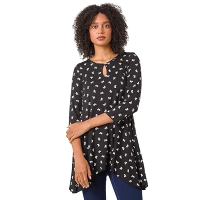 Image of Roman Womens Bow Print Cutout Tunic Top Black Size 12 UK