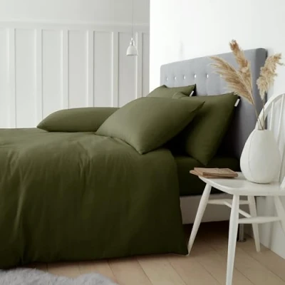 Image of Catherine Lansfield Brushed Cotton Double Duvet Cover Set with Pillowcases Green