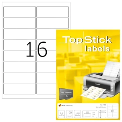 Image of TopStick Self Adhesive Address Labels, 16 Labels per A4 Sheet, 1000 Sheets, 99.1 x 33.9 mm, 16000 Blank Mailing Stickers, Sticky for Laser &amp; Inkjet Printer, White