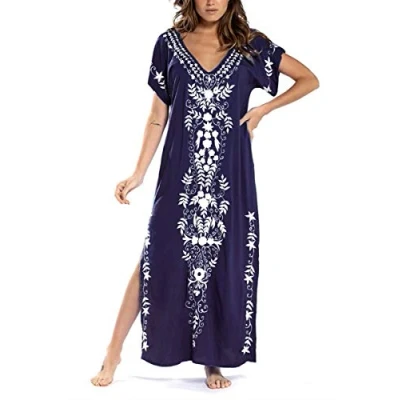 Image of YouKD Cotton Embroidered Floral Loose Caftan Boho Beach Bikini Cover Up Dress Plus Size Loungewear for Women Dark Blue