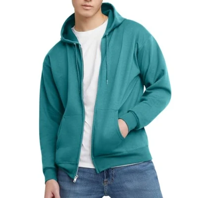 Image of Hanes Men&#039;s Hoodie, EcoSmart Fleece Zip Front Hooded Sweatshirt, Cotton Blend Mid Weight Up, Spanish Moss, M