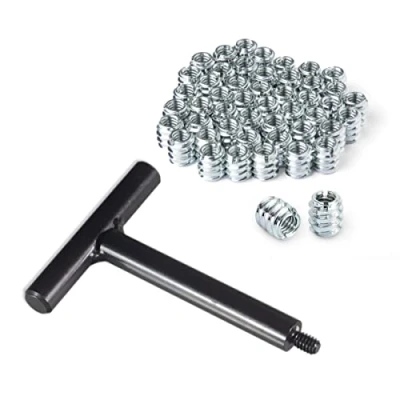Image of POWERTEC 71814 1/4&quot; 20 Threaded Insert Installation Tool Set T Wrench with 50 PC Zinc Plated Inserts for Wood Furniture Internal Threads x 11.9mm Long