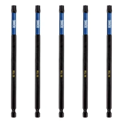 Image of 5 x Rennie Tools 150mm Long T30 TX30 Impact Screwdriver Driver Bits Set. Heavy Duty Magnetic Torx Bit Black Oxide Coated Bits.