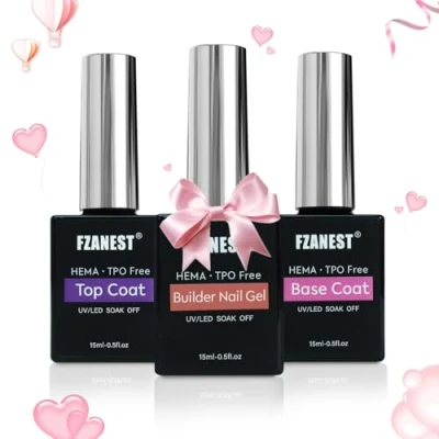 Image of FZANEST Builder Nail Gel With Top and Base Coat HEMA Free, 15ml * 3pcs Kit for Thickening Apex Extension Soak Off No Wipe Hard Nails, LED Lamp Cured