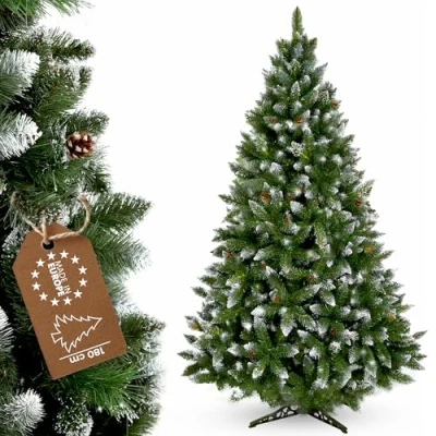 Image of KADAX Artificial Christmas Tree 6ft, Green Pine with Frosted Branches, Natural Cones and Diamond Crystals, Flocked Xmas Plastic Stand