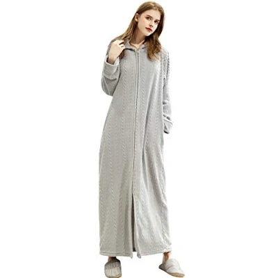 Image of Samko Women Long Hooded Bathrobe Fleece Soft Cosy Winter Warm Waffle Dressing Gowns Housecoat Sleepwear for Mother Wife Daughter Light Grey L