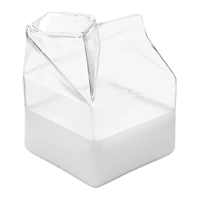 Image of Pomurom Glass Milk Carton Cup, 1/2/4 Pieces 350ml Creamer Pitcher, Cocktail Glass, Reusable Clear Mug Jug for Coffee Water Juice Beverages Wine