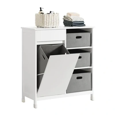 Image of SoBuy BZR77 W, Laundry Basket Cabinet Chest Bathroom Storage with Drawer and 3 Fabric Baskets