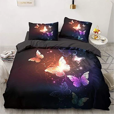 Image of Luowei Colourful Butterfly Bed Linen 200 x cm Black Duvet Cover Set Pattern Microfibre Reversible with Zip and 2 Pillowcases 80