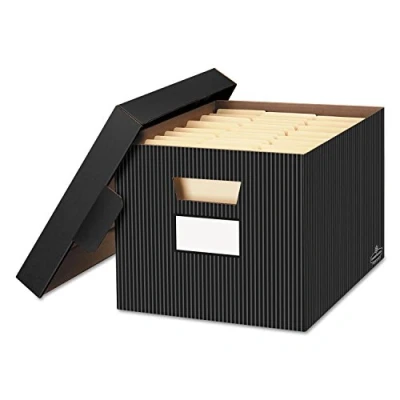 Image of Bankers Box 4 Pack STOR/File Decorative Medium Duty File Storage Boxes, FastFold, Lift Off Lid, Letter/Legal, Black/Gray Pinstripe