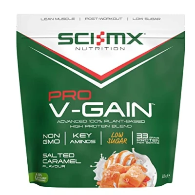Image of SCI MX Pro V Gain 100% Vegan Salted Caramel Flavour Soy protein Powder Isolate + B12 Magnesium Muscle Growth &amp; Maintenance Low Sugar, Non GMO 2.2KG (49 servings) 33g of per serving
