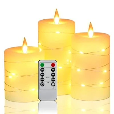 Image of Da by LED Candles, Battery with Embedded String Lights, 3 Piece flameless 10 Key Remote Control, 24 Hour Timer Function, Dancing Flame, Real Wax(Batteries not Included).