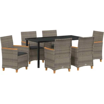 Image of vidaXL 7 Piece Garden Dining Set with Cushions Grey Poly Rattan