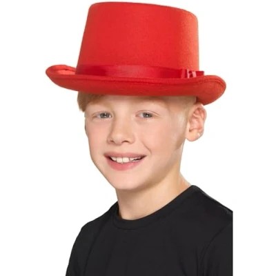 Image of Smiffys Kids Top Hat, Red , Boys Fancy Dress, Child Dress Up Hats