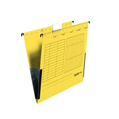 Image of Exacompta Ref 80002660001F FALKEN UniReg Suspension Files with Linen Edge Protectors Suitable for A4 Documents, 230gsm Recycled Kraft Card, Blue Angel Certified Yellow (Pack of 25)