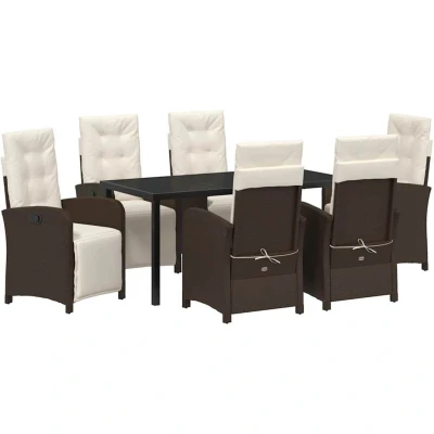 Image of vidaXL 7 Piece Garden Dining Set with Cushions Brown Poly Rattan