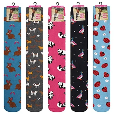 Image of Soxy Ladies Design Wellington Boot Socks 5 Pack Women&#039;s Welly Festival Walking Hiking Thermal Animal Designs UK Shoe Size 4 6