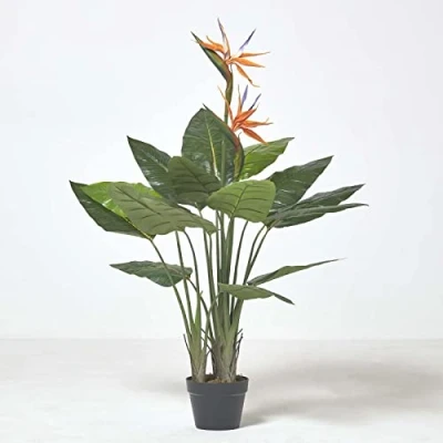 Image of HOMESCAPES Artificial Bird of Paradise Flower 120 cm Tall Fake Strelitzia Plant in Black Pot