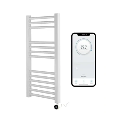 Image of Greened House White Electric Smart WiFi Controlled Heated Towel Rail 400mm W x 800mm H 7 Day Programmable Timer App Compatibility (White + Element)