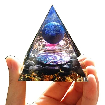 Image of Handmade Lapis Lazuli Crystal Sphere Orgonite Pyramid with Obsidian Stone Reiki Energy Protection Chakra Healing Orgone Collection Meditation Pyramide