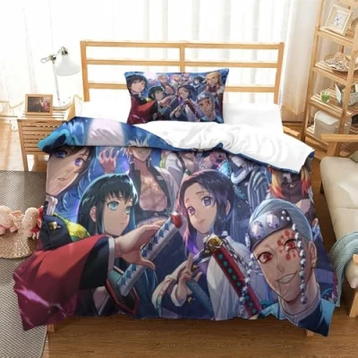 Image of Demon Slayer Duvet Cover Bedding Comforter Set Girls 2 Pieces for Kids Teens 3D Bedspread Quilt with Zipper Closure Soft Microfiber Single（135x200cm）