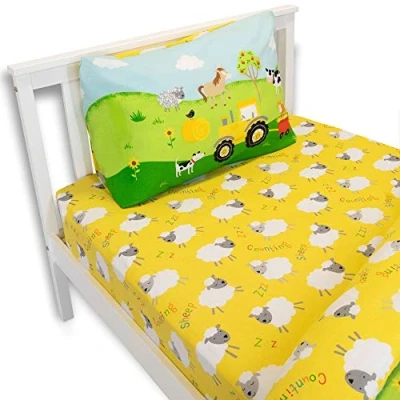 Image of Happy Linen Company Girls Boys Kids Farm Animals Counting Sheep Yellow Double Fitted Sheet Bedding