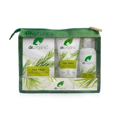 Image of Dr Organic Tea Tree Foot &amp; Nail Travel Set, Gift Deodorising, Dry Cracked Feet, Summer Purifying, Vegan, Cruelty Free, Paraben SLS Certified Organic, 3 pack