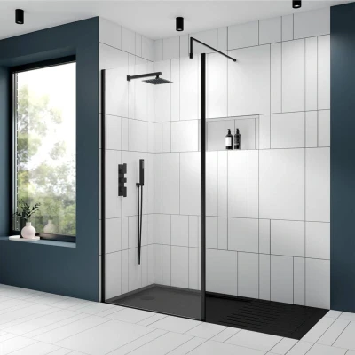 Image of nuie WRSCOBP76 Modern Bathroom Outer Framed Wall Fixed Wetroom Screen with Support Arm, 760mm, Satin Black