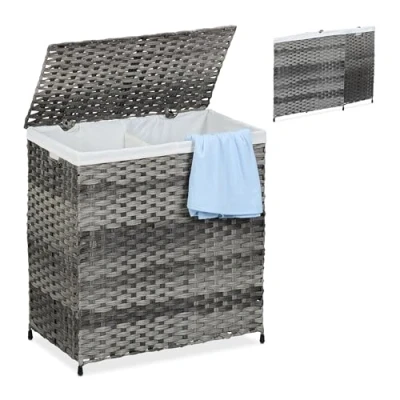Image of Relaxdays Laundry Basket with Lid, Rattan Effect, 110L Sack, 60 x 58 34 cm, Washing Bin, 2 Compartments, Grey/Beige
