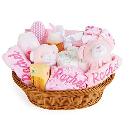 Image of Baby Box Shop 17 Essentials for Newborn Girl with 3 Personalised Gifts Perfect as Shower &amp; Christenings Gifts, Hamper in Rattan Basket (Pink)