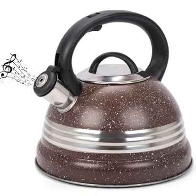 Image of Belle Vous Brown Whistling Tea Kettle 3L Pot for Stovetop/Induction Stove Top Stainless Steel Hot Water Camping Teapot Tea/Coffee