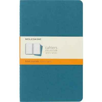 Image of Moleskine Cahier Journal, Set 3 Notebooks with Ruled Pages, Cardboard Cover Visible Cotton Stiching, Colour Brisk Blue, Large 13 x 21 cm, 80 Pages
